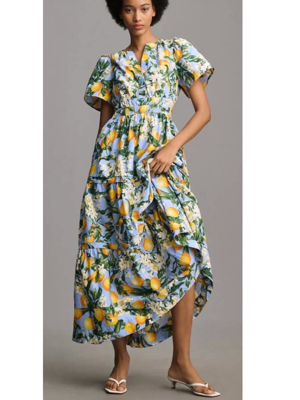 Blue Lemon Print Tiered Maxi Dress